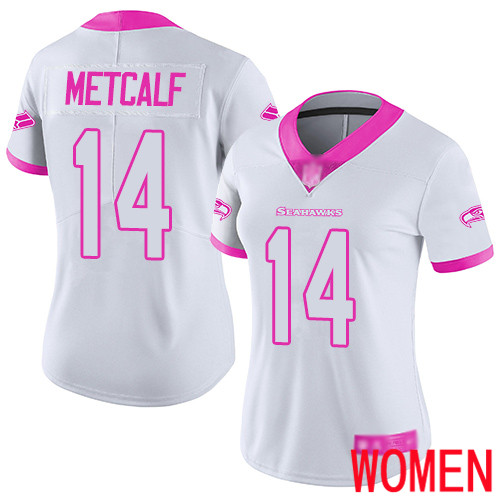 Seattle Seahawks Limited White Pink Women D.K. Metcalf Jersey NFL Football #14 Rush Fashion->women nfl jersey->Women Jersey